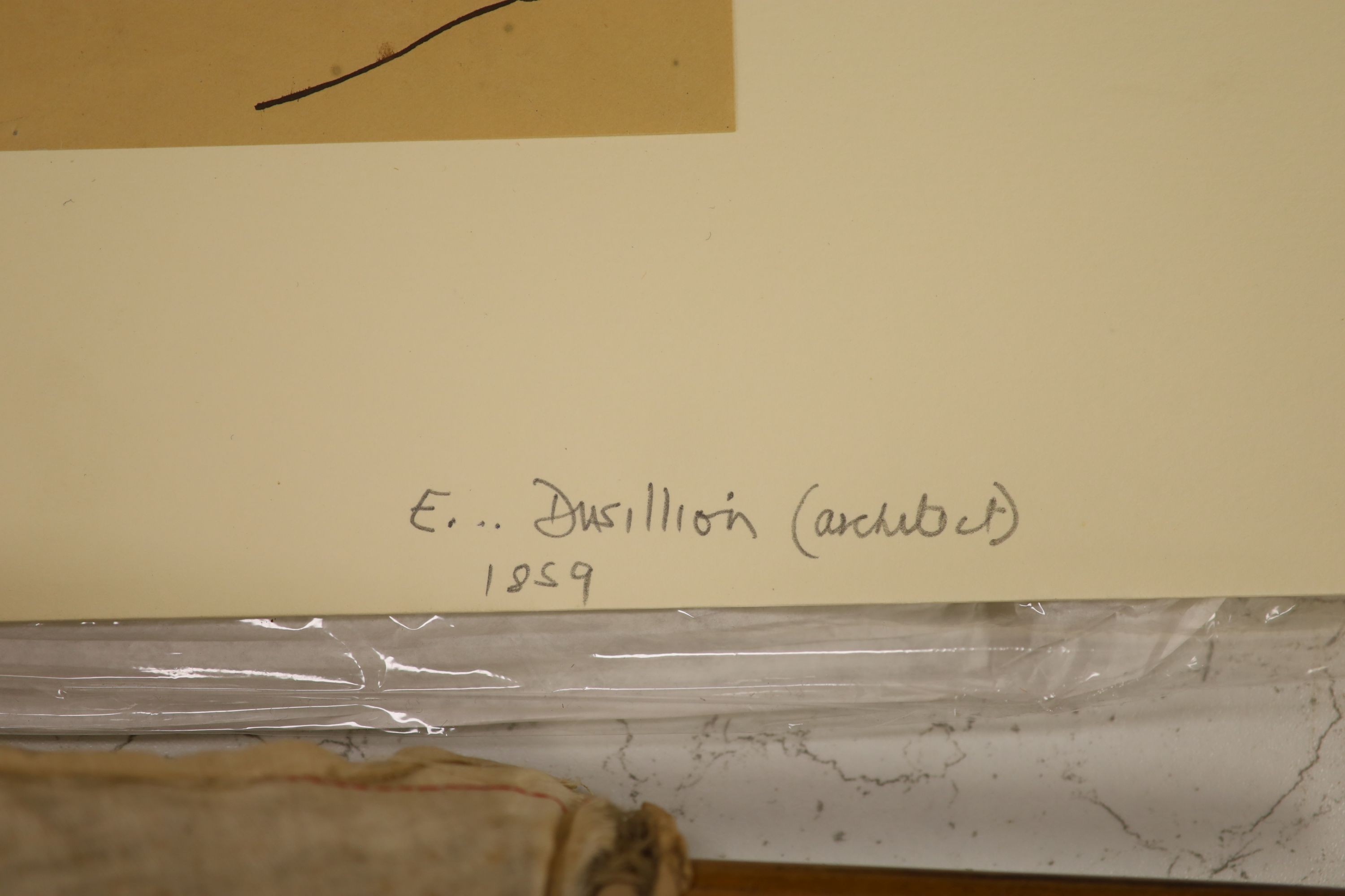E. Dusillion (French Architect), watercolour, River landscape, signed and dated 1859, 8 x 15cm, unframed